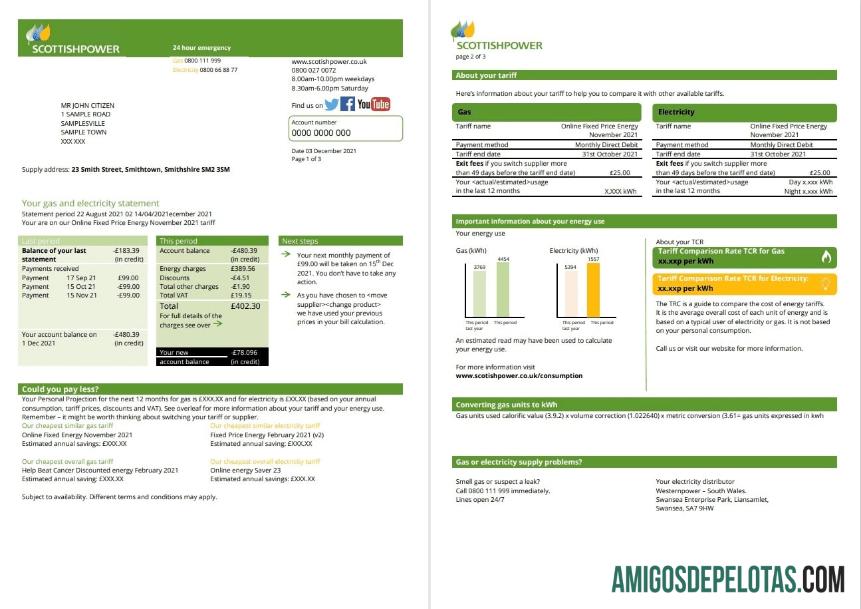 realista Modelo de conta de serviços públicos ScottishPower dos EUA em formato Word e PDF (3 páginas) 1 2